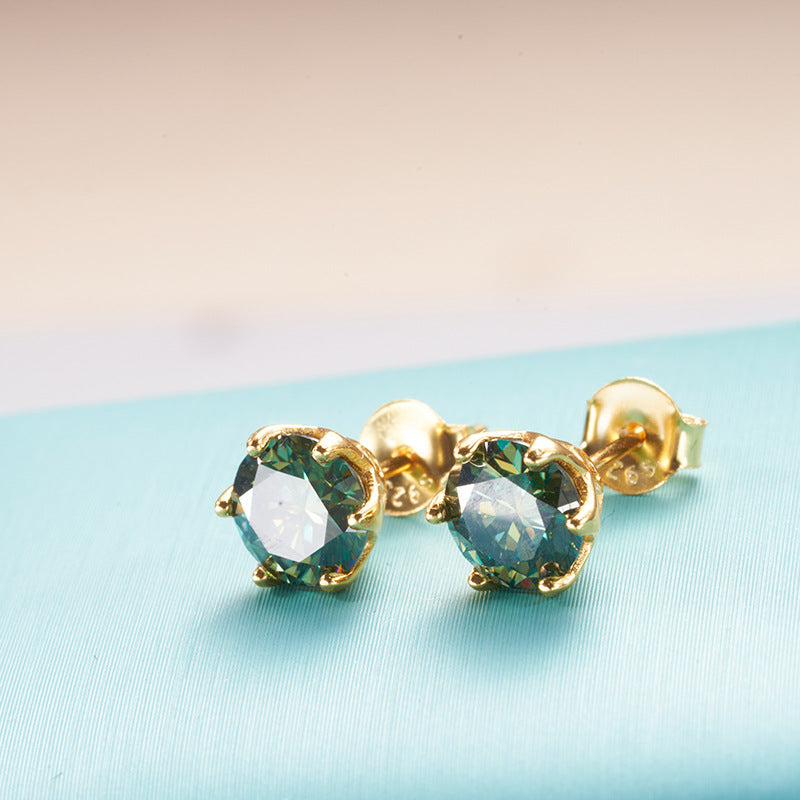 S925 Silver 1 Karat D Color Moissanite Stud Earrings Blue Green Gold
