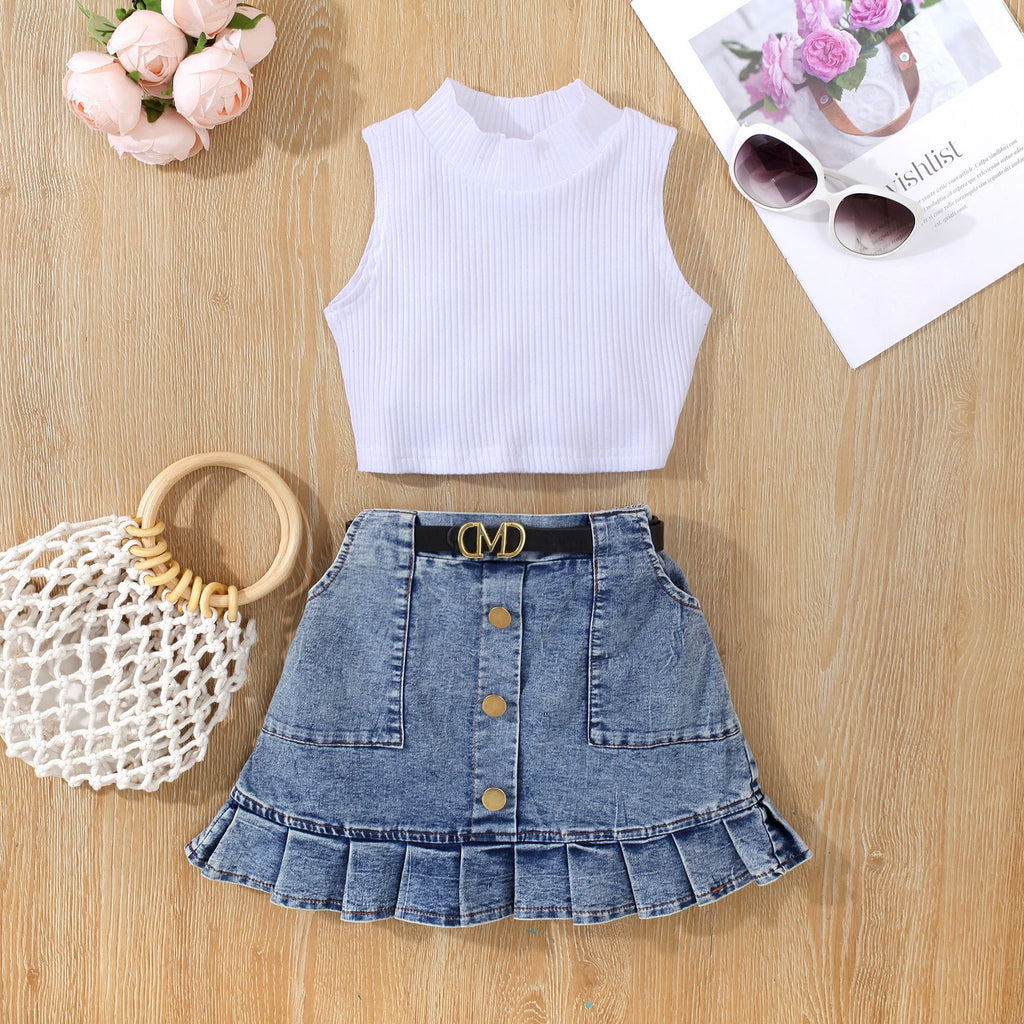 Waistcoat Sleeveless Top Denim  Skirt Suit