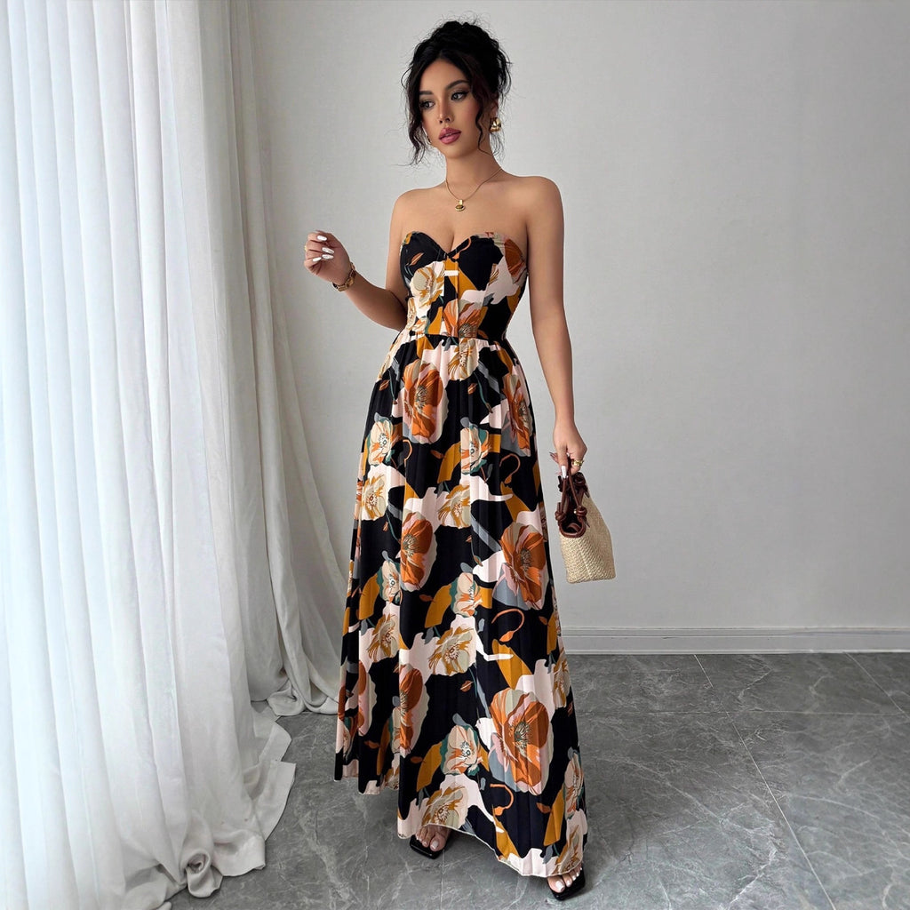 Women's Printed Pleated Sleeveless Tube Maxi Dress