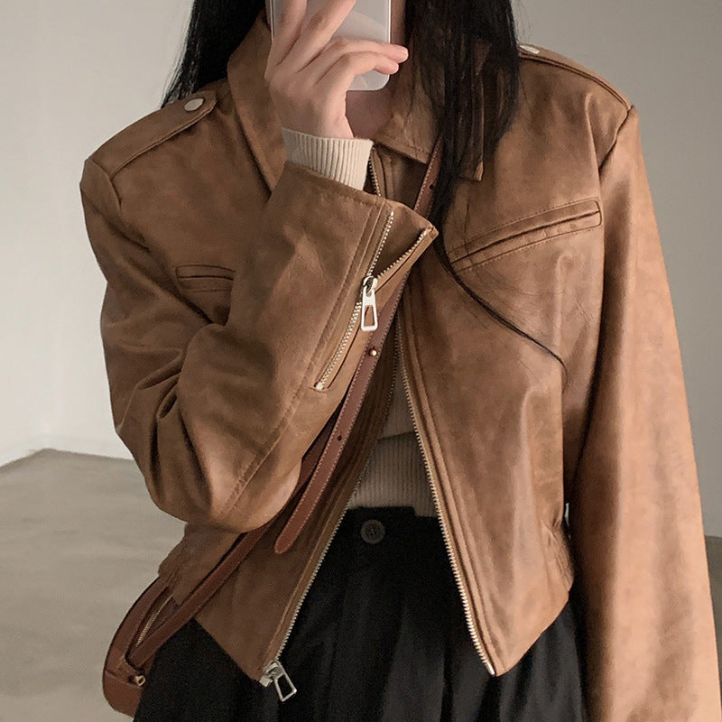 Women's  Lapel Long-sleeved Leather Jacket