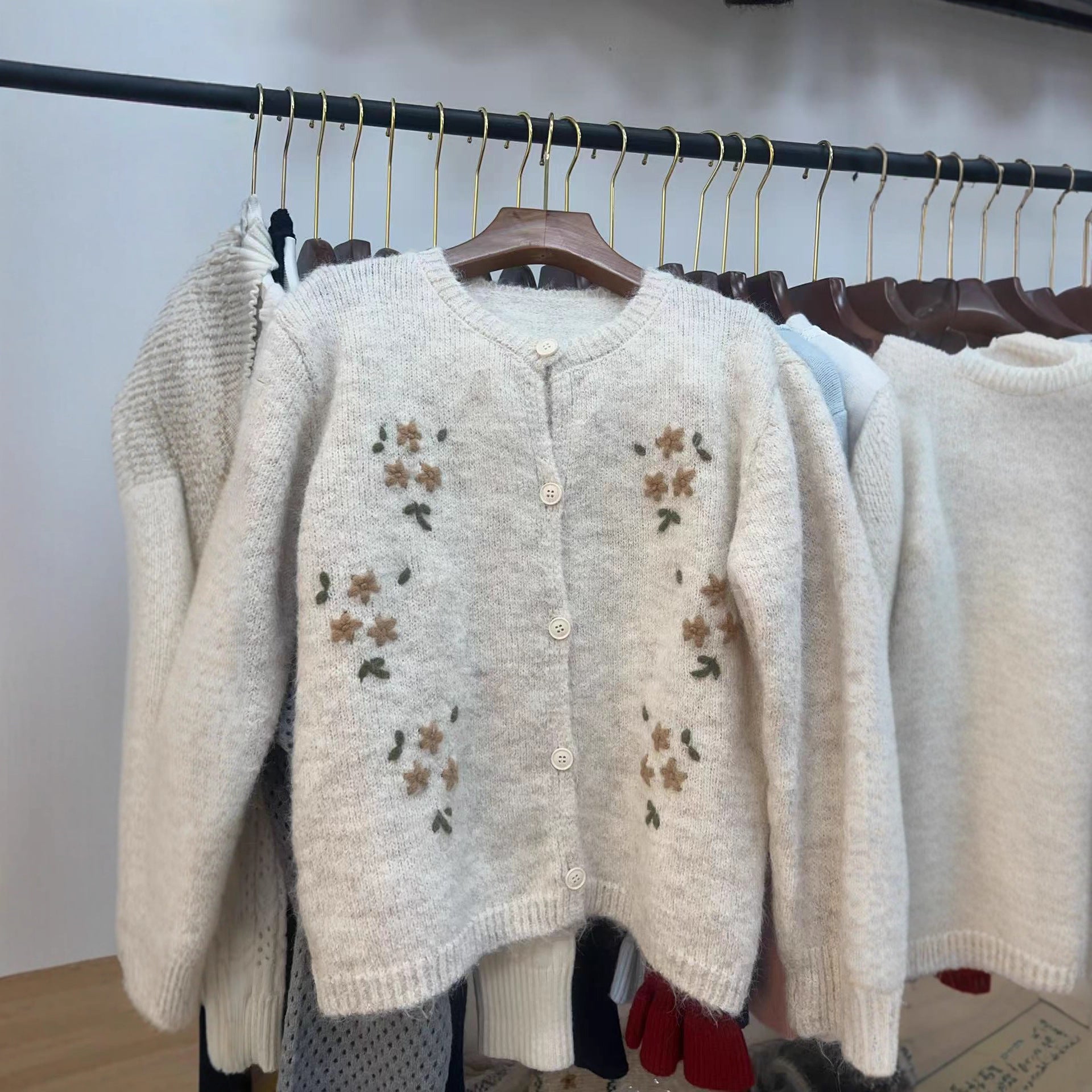 Round Neck Embroidered Knitted Cardigan Sweater Coat