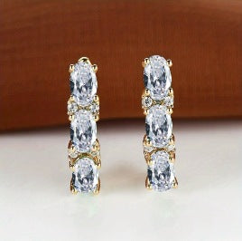 French-Style Light-Luxury Gold Three-Row Oval Diamond Earrings