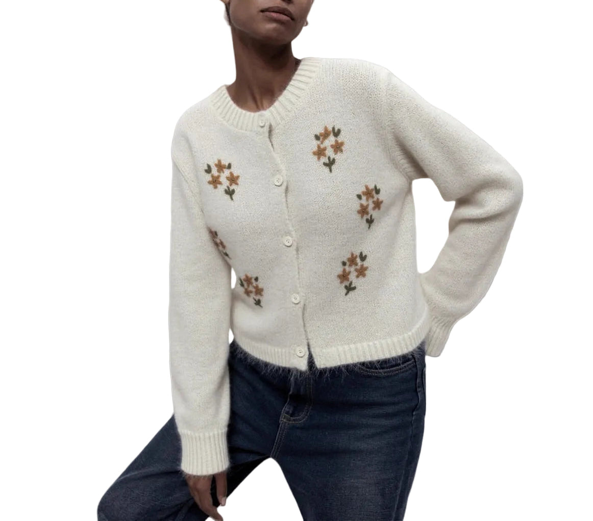Round Neck Embroidered Knitted Cardigan Sweater Coat