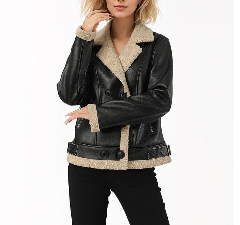 Fleece Padded Women's Leather Coat