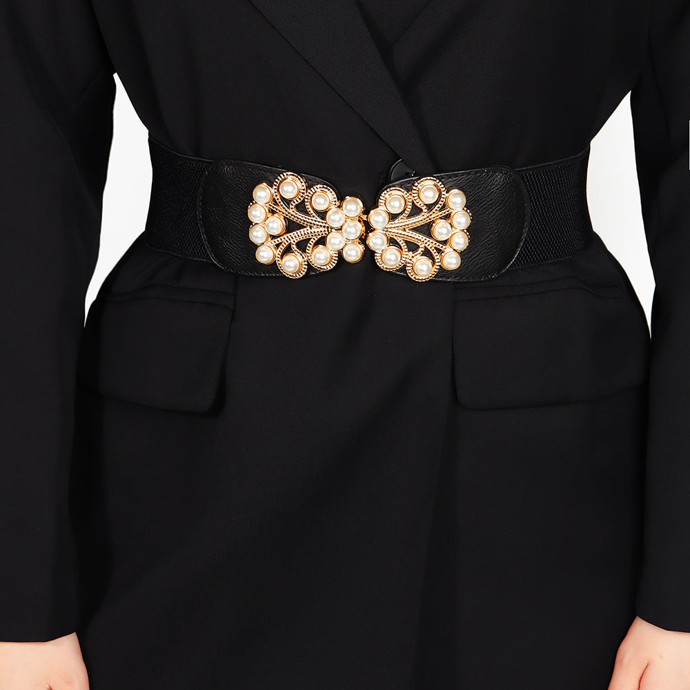 Elastic Wide  Pearl Metal Buckle Belt
