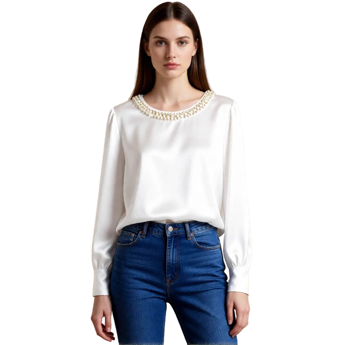 Womens French-style Sophisticated Pearl-collared Satin Blouse