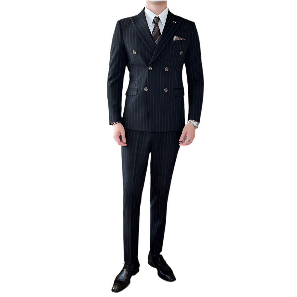 Peak-lapel Coat With Double-breasted Design Textured Stripes And A Three-piece Set