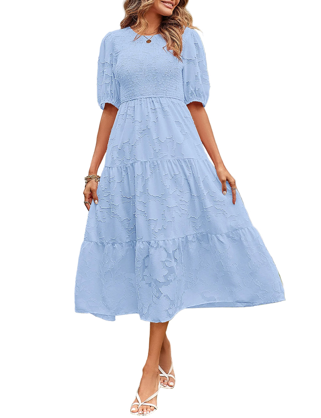 Casual Lace Dress Floral Ruffle Puff