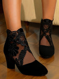 Black Lace Embroidered Mesh Ankle Boots