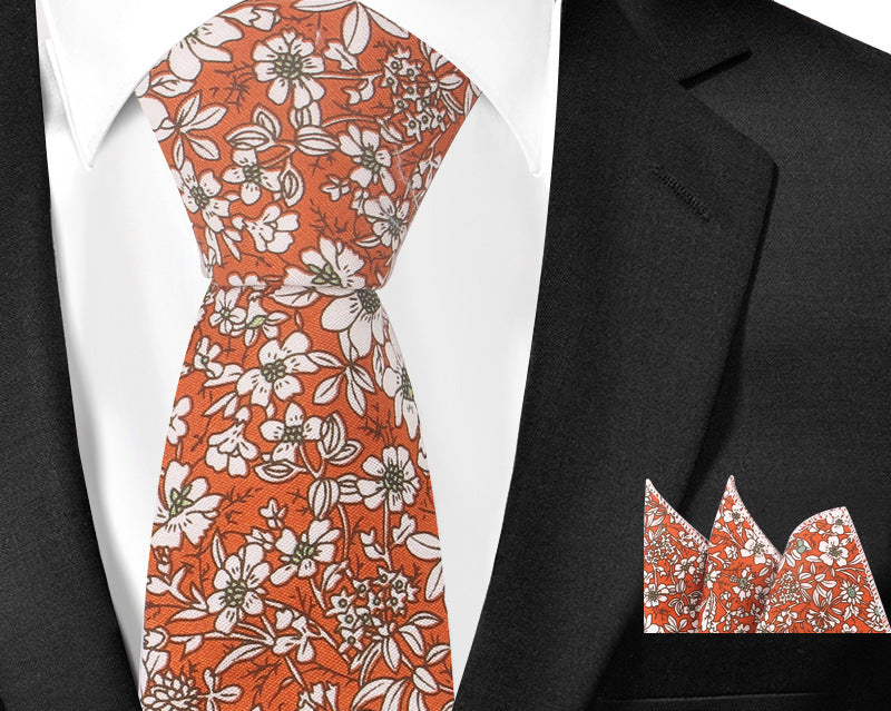 Casual Cotton Floral Print 6cm Casual Tie Pocket Square Suit