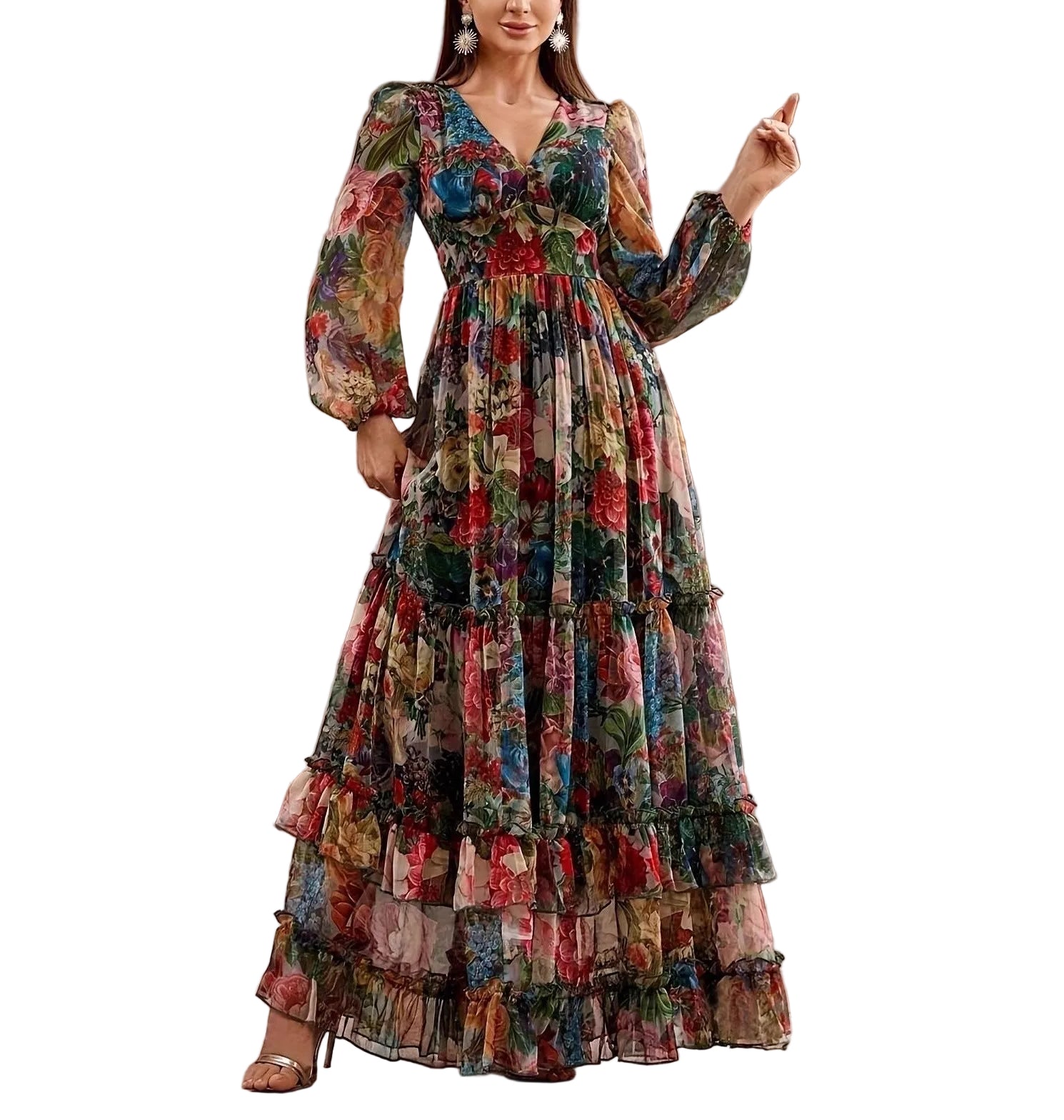 Printed Long-sleeve Puffed-sleeve Belted Maxi Dress