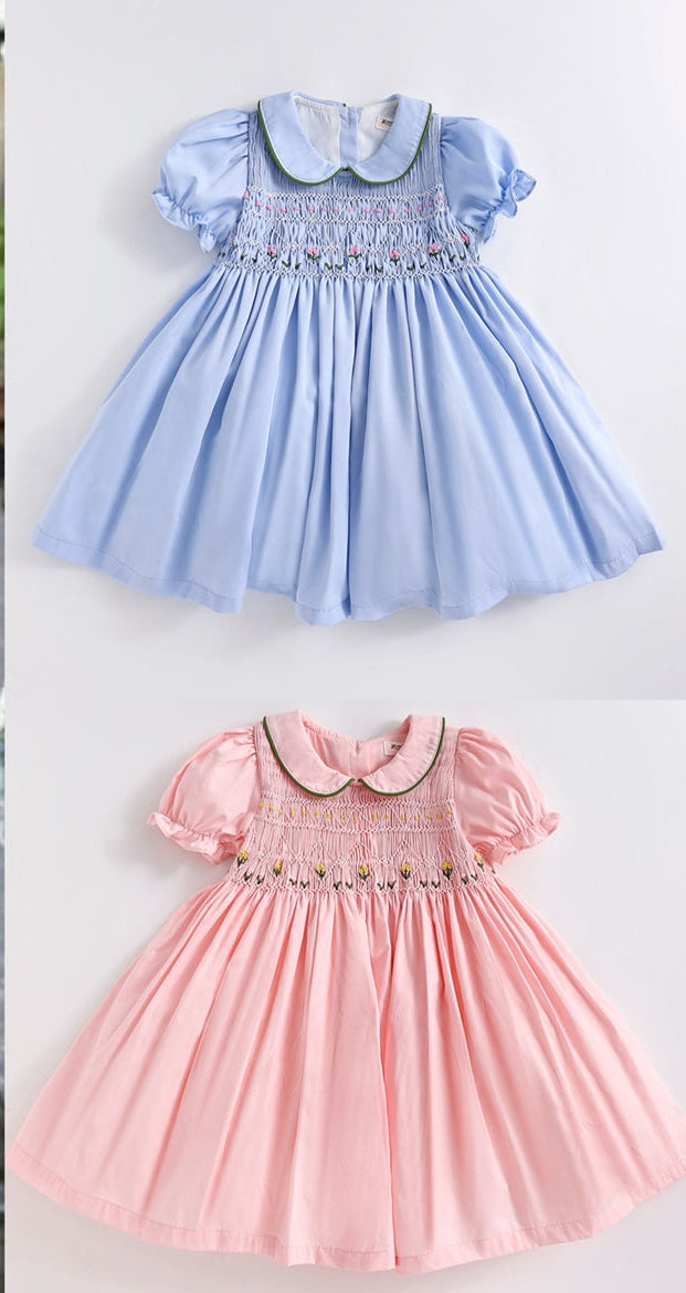 Handmade Cotton Blue And Short-sleeved Dress