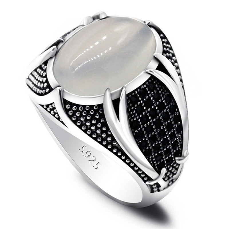 Fashionable Men's Ring With Black Gemstones In Metal