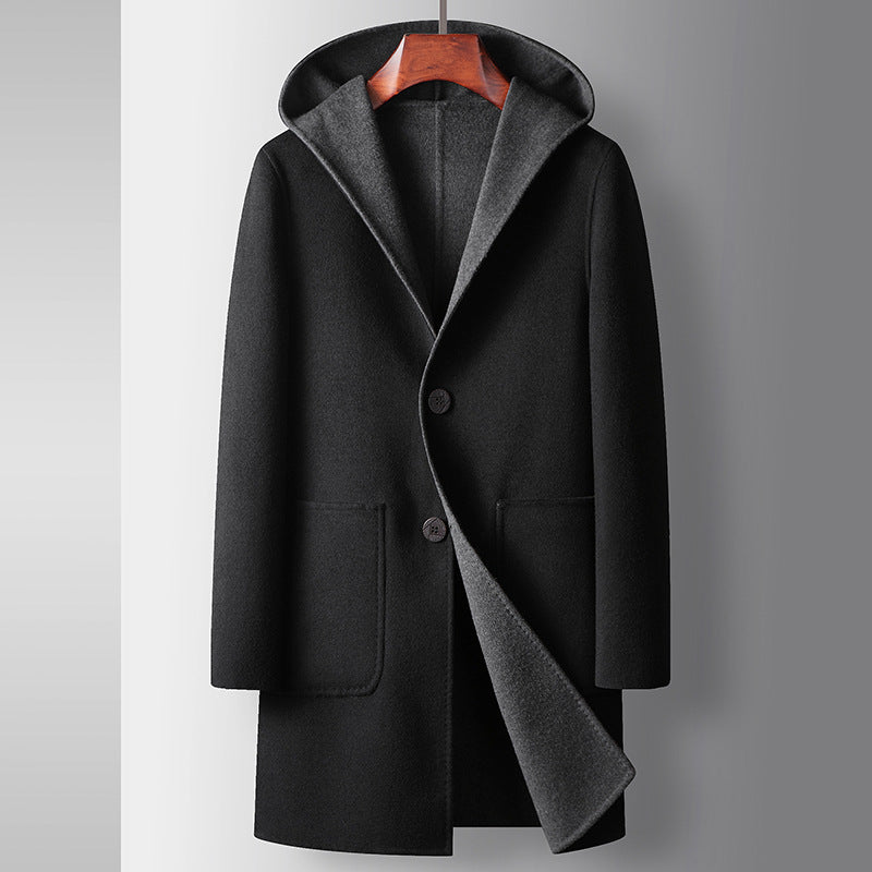 Mens Mid-Length Wool Coat With A Hood Reversible Style