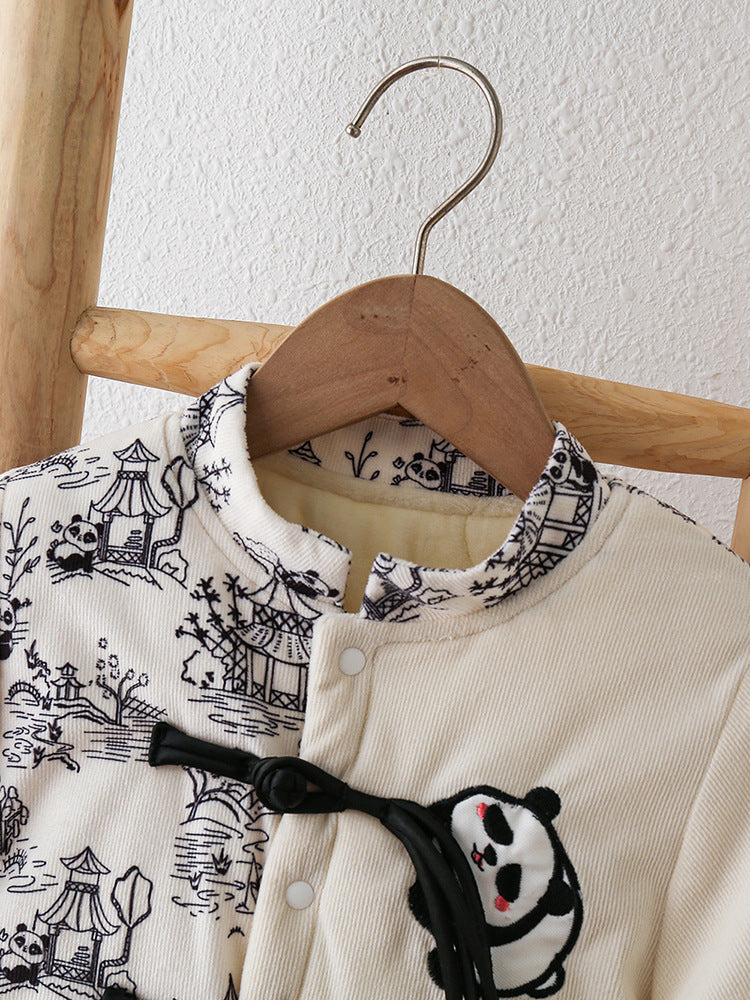 Baby Autumn And Winter Onesie Newborn Chinese Wind Panda Go Out Clothes Plus Velvet Thickened Romper