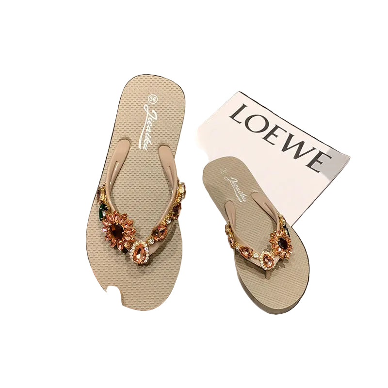 SUNFLOWER Outer Wear Flat Diamond-embedded Beach Slippers