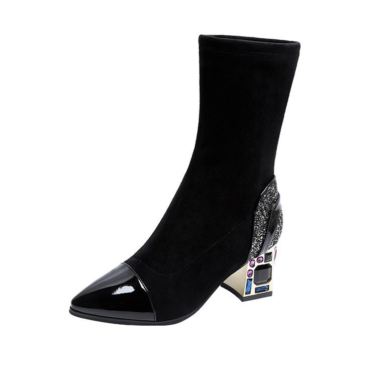 Chunky Heel Ankle Boots Pointed Toe Rhinestone Simple Zipper Casual
