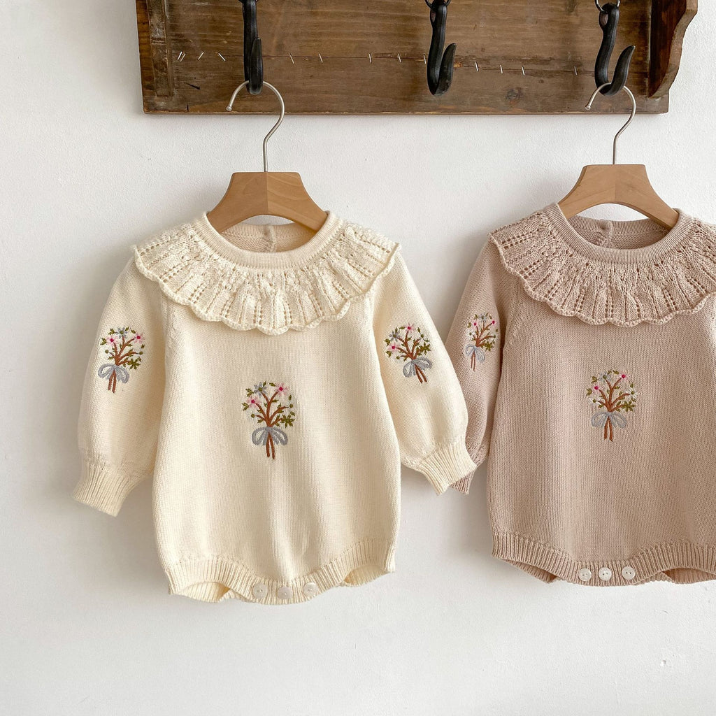 Baby Knitted Lotus Collar Long-sleeve Jumpsuit Baby Girl