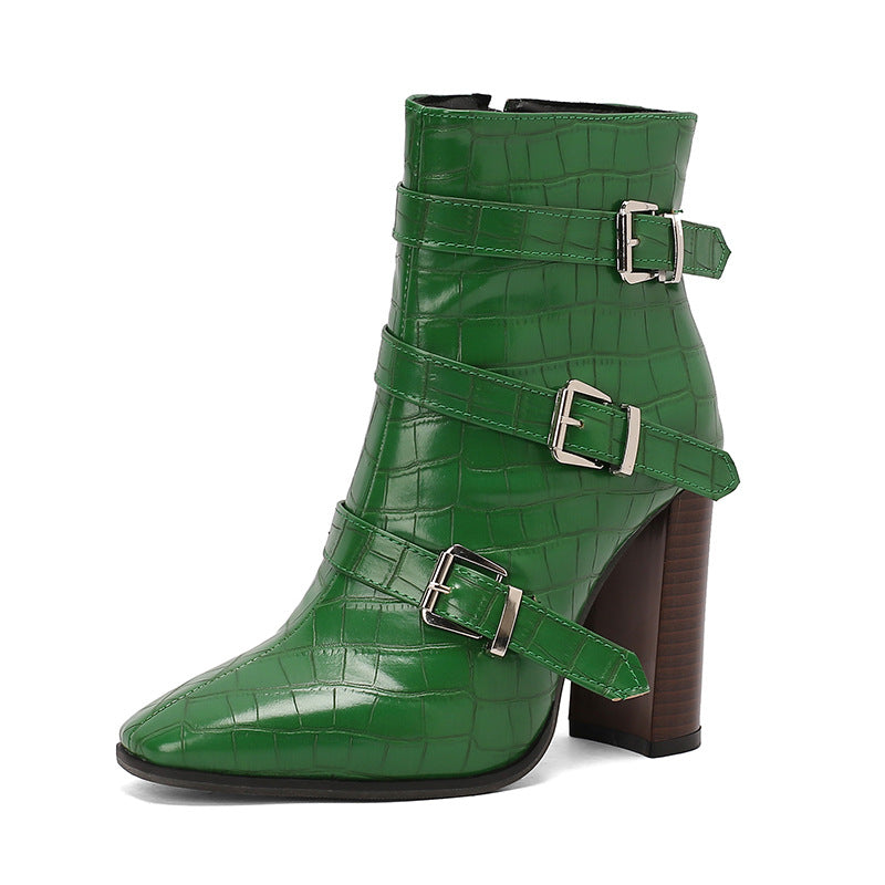 Belt Buckle Booties Thick High-heel Martin Boots