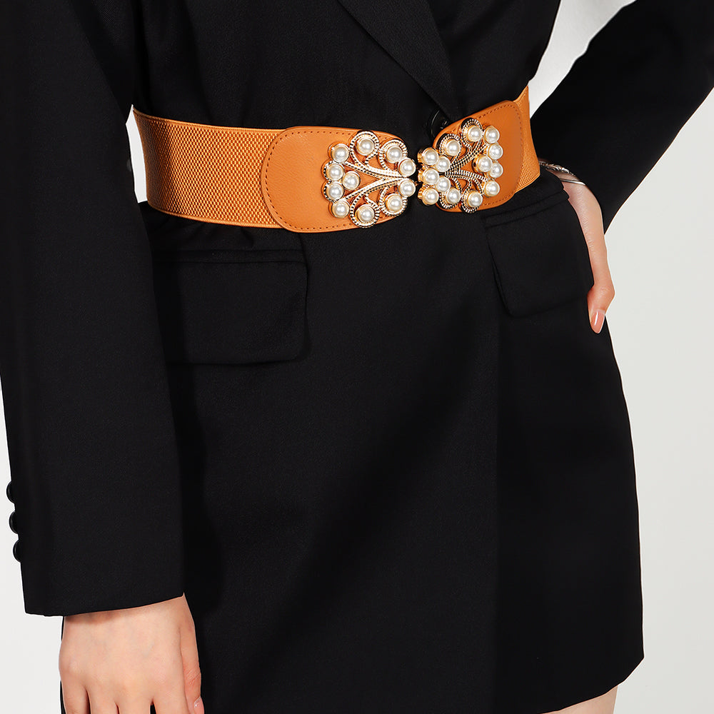 Elastic Wide  Pearl Metal Buckle Belt