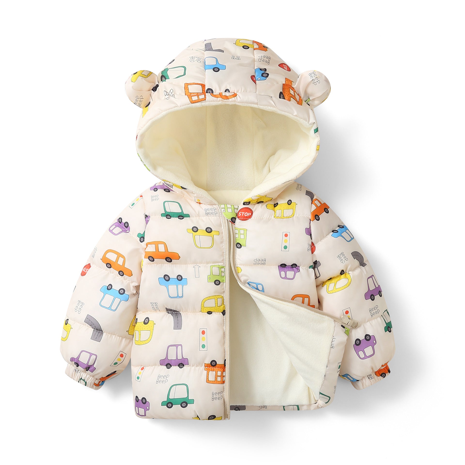 Down Cotton-padded Jacket With Fleece Thickened And Hooded For Infants And Toddlers