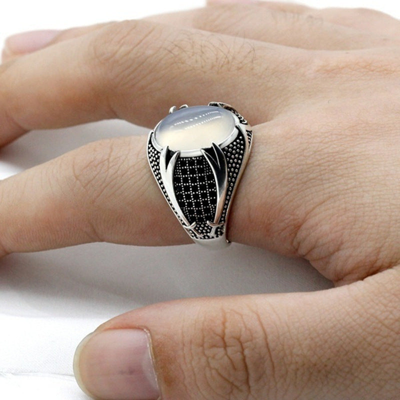 Fashionable Men's Ring With Black Gemstones In Metal