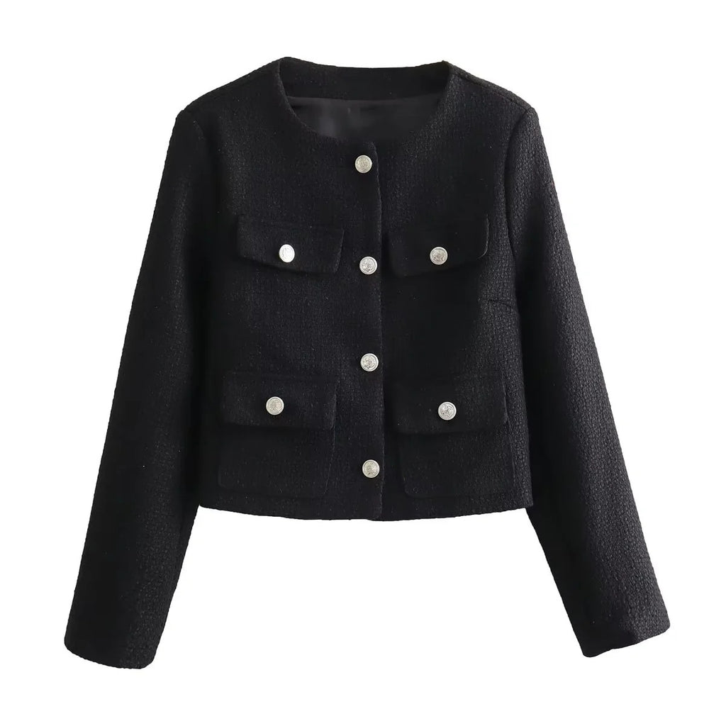 Textured Padded-shoulder Crew-neck Long-sleeve Jacket