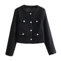 Textured Padded-shoulder Crew-neck Long-sleeve Jacket