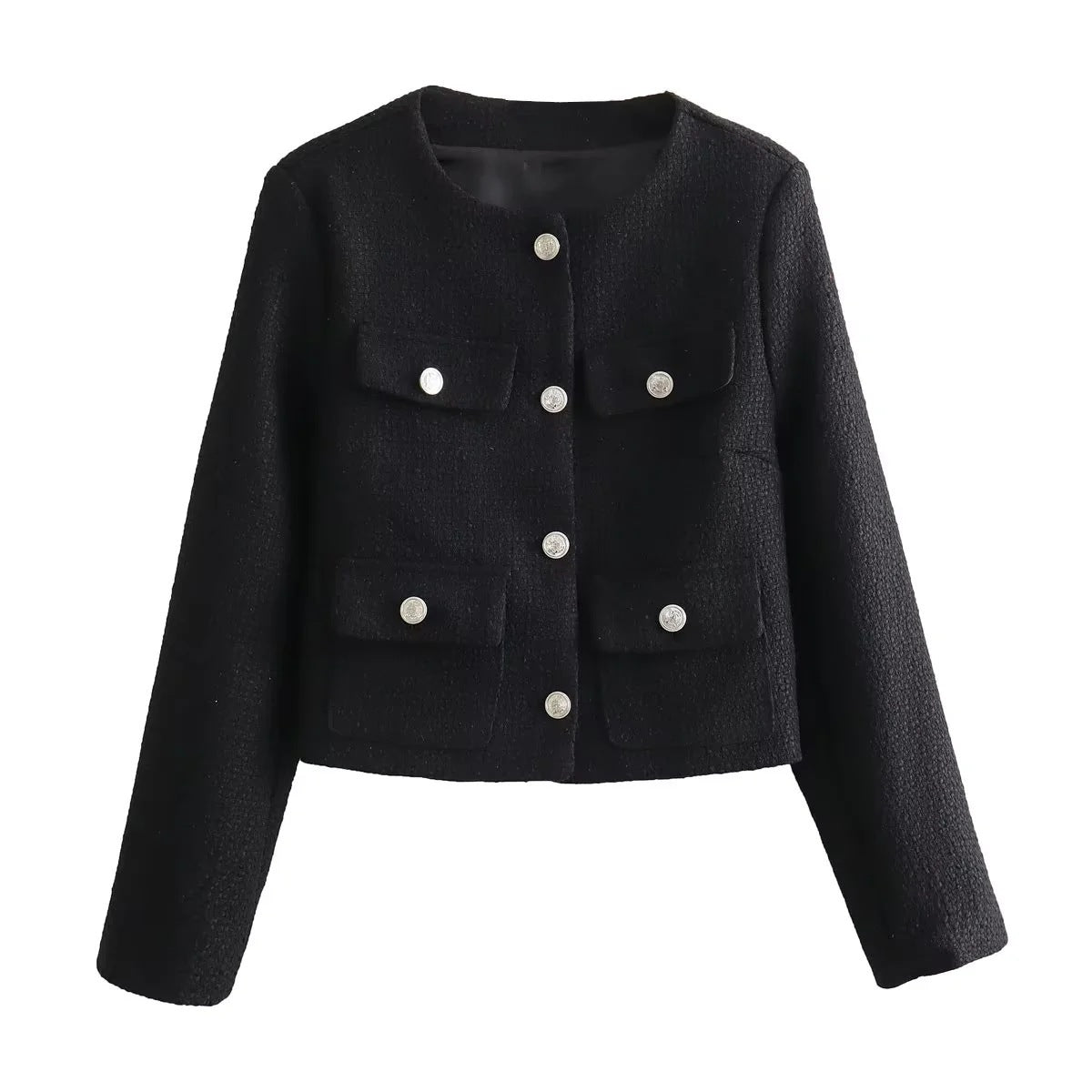 Textured Padded-shoulder Crew-neck Long-sleeve Jacket