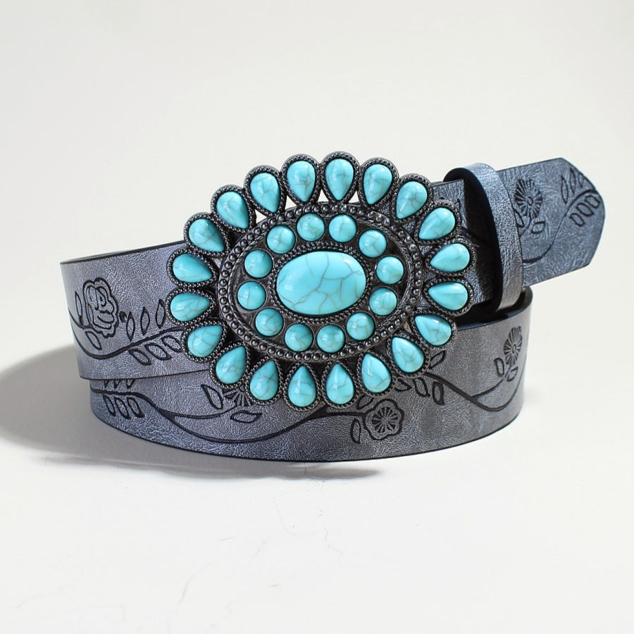 Flow New Rose Pattern Printed Green Pine Beads Alloy Buckle Belt