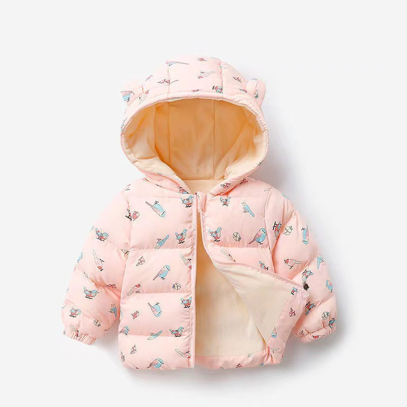 Down Cotton-padded Jacket With Fleece Thickened And Hooded For Infants And Toddlers