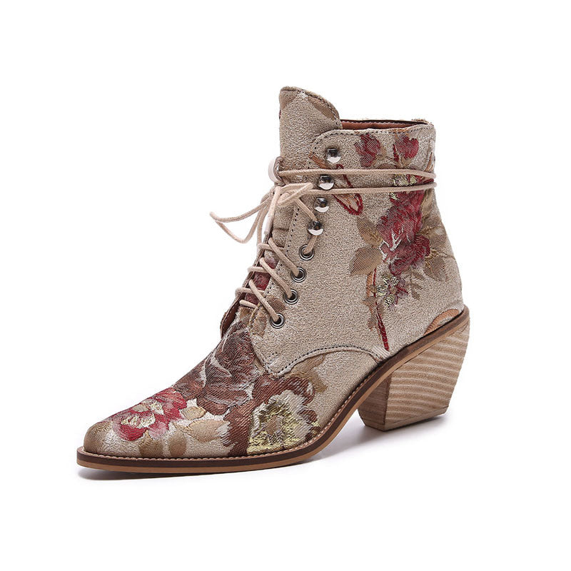 Embroidered Wood-woven Thick-heeled Short Boots