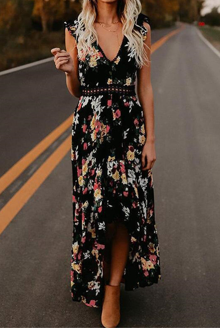 Sleeveless printing irregular dress