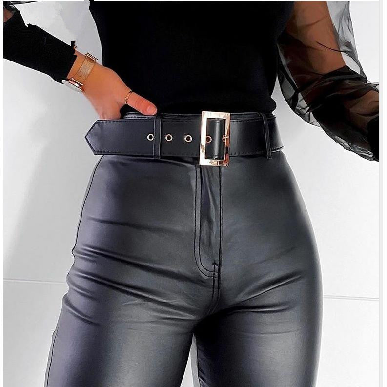Fashion casual belt tight faux leather pants