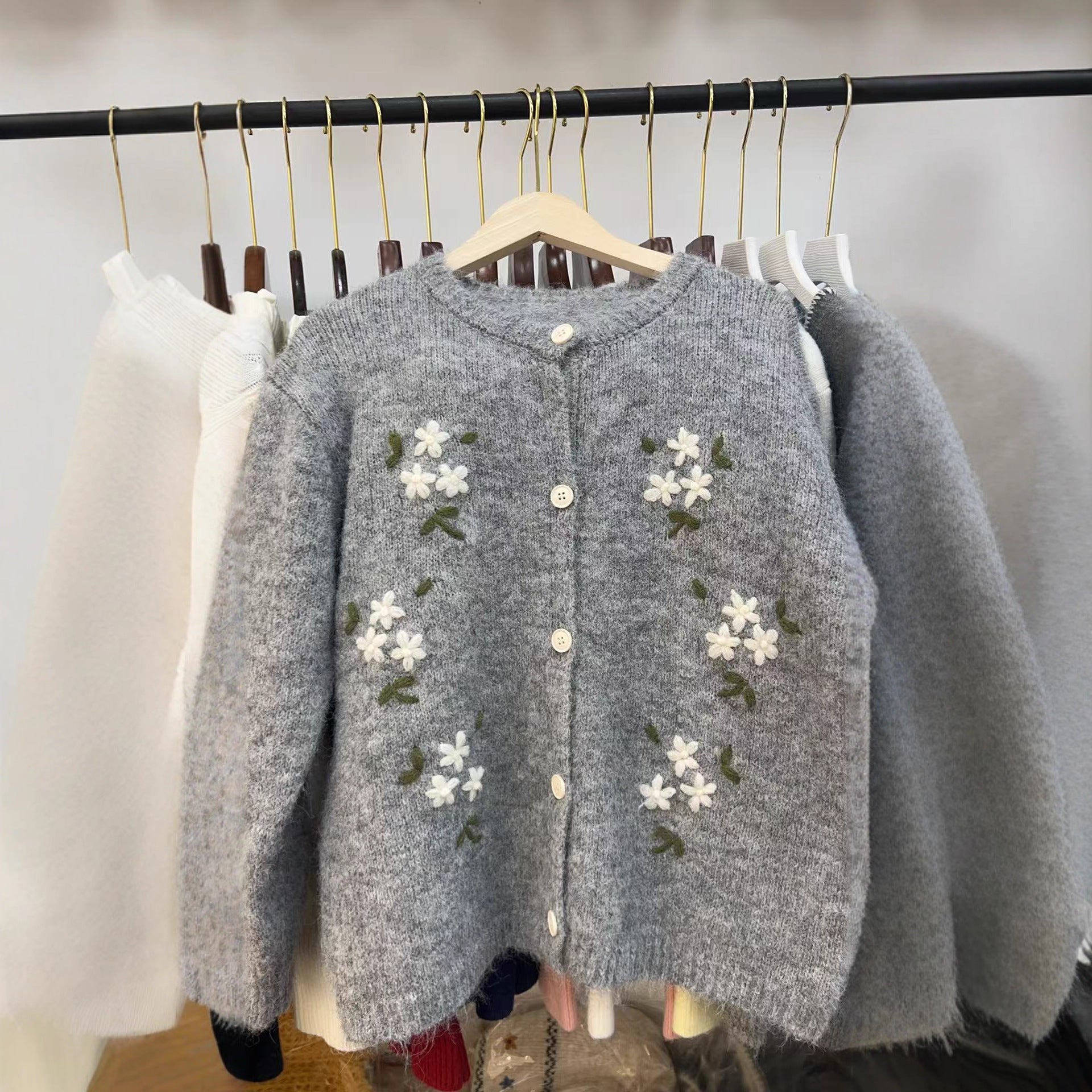 Round Neck Embroidered Knitted Cardigan Sweater Coat