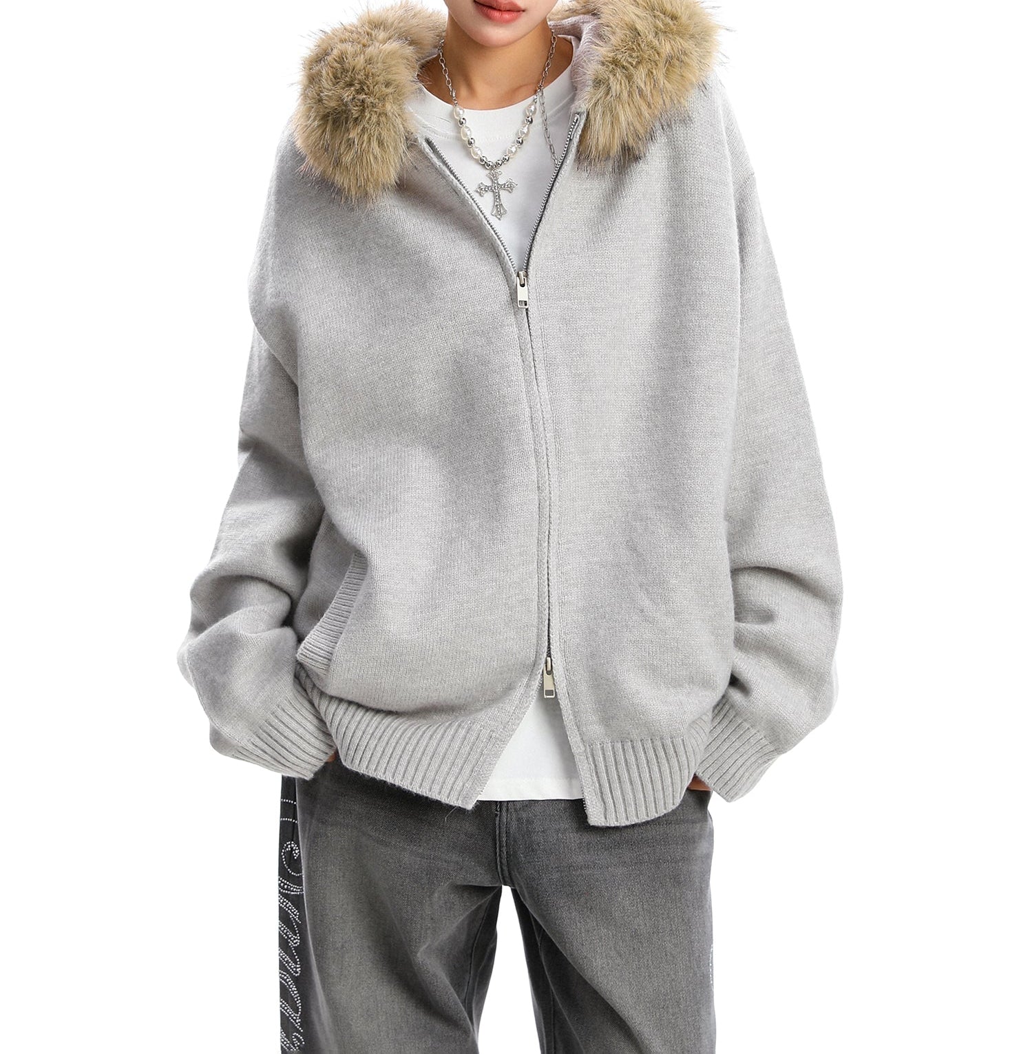 Detachable Fur Collar Hood Sweater Coat