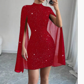 Round neck-pit stripe pearl chiffon cape sleeve wrapped hip party dress