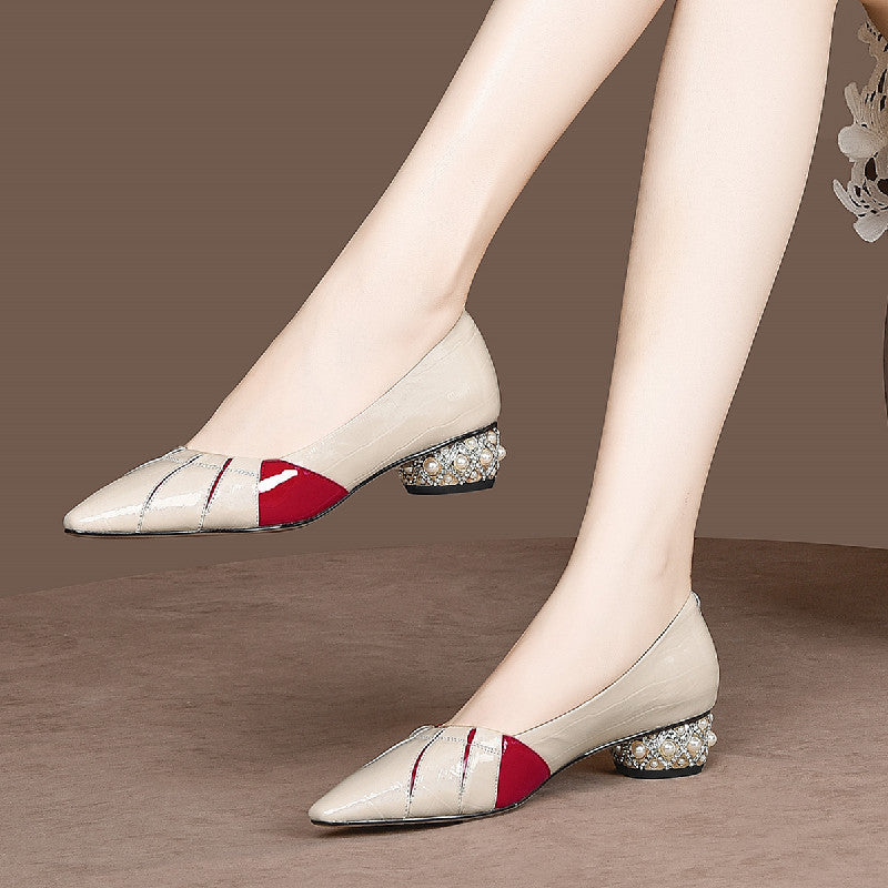 Pointed Toe Rhinestone Leather Single Shoes