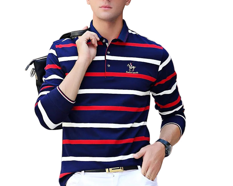 Striped lapel long sleeve T-shirt