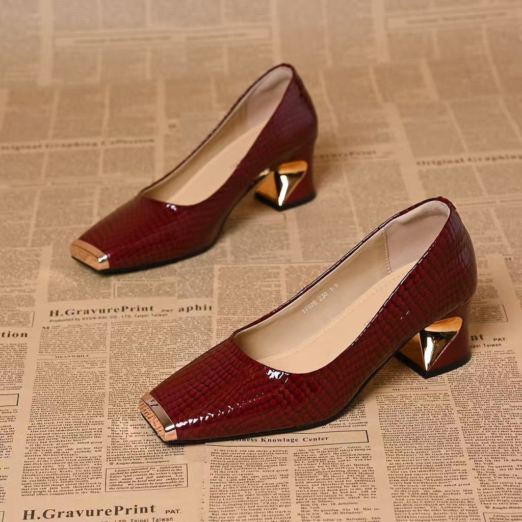 Women's French-style Snake-pattern Chunky-heel Versatile Soft-soled Leather Shoes