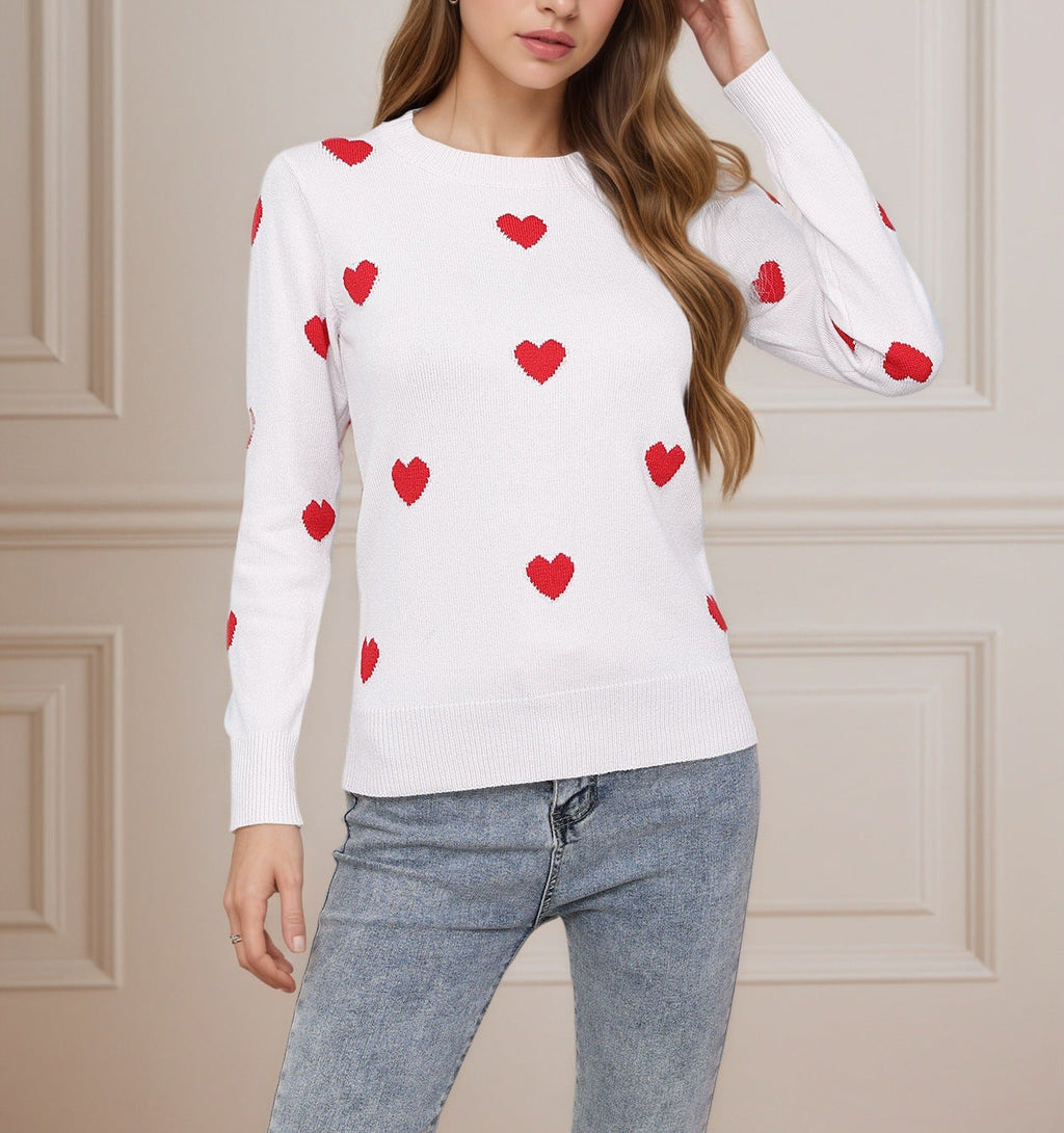 Heart Jacquard Round Neck Pullover Sweater