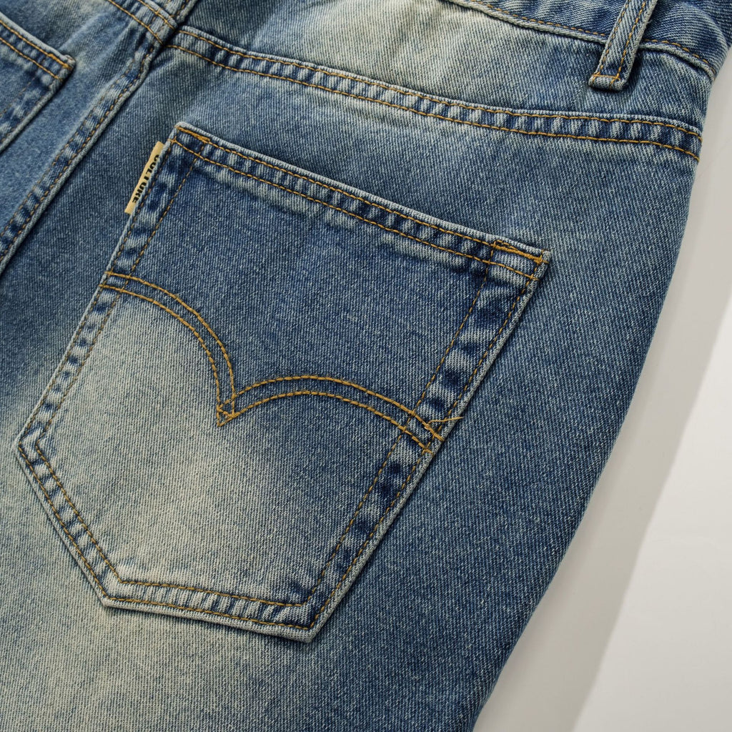 Men's Washed Blue Jeans Straight Bootcut Trousers
