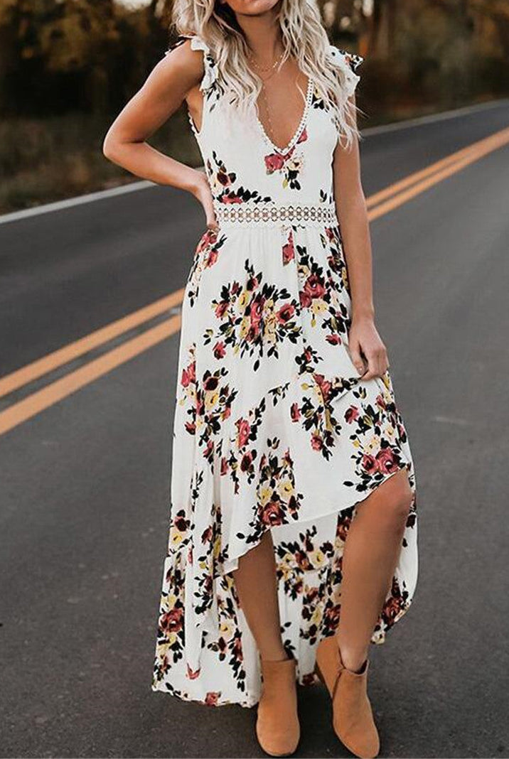 Sleeveless printing irregular dress