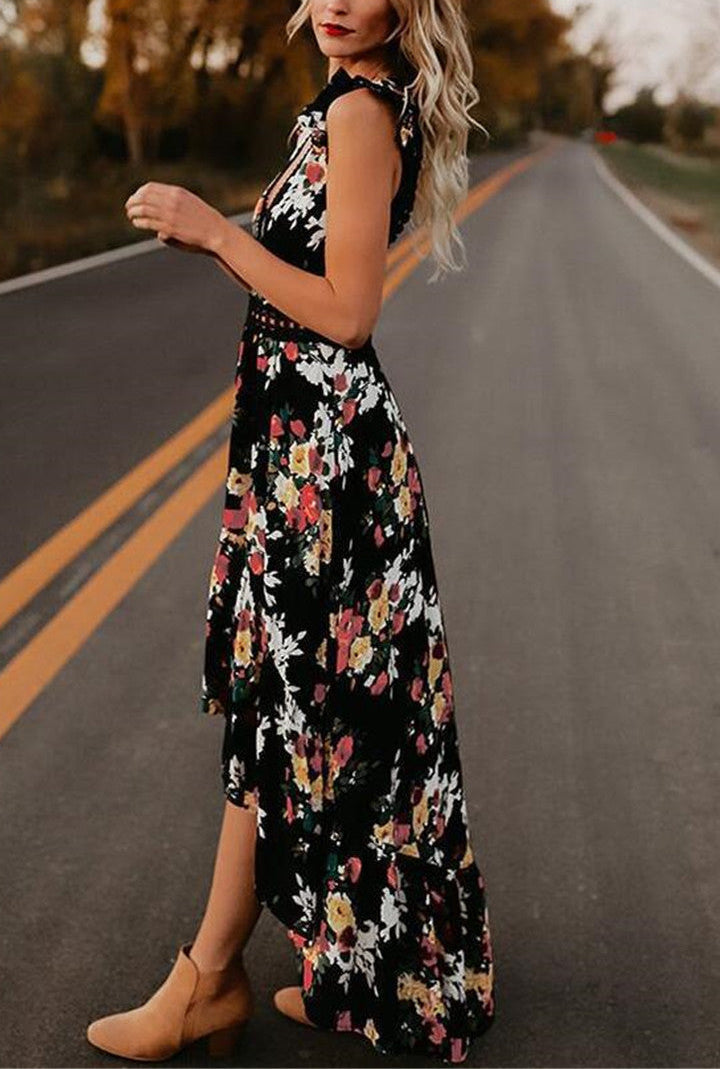 Sleeveless printing irregular dress