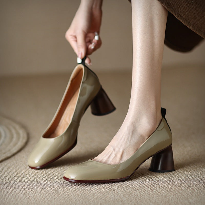 Round Head Pigskin Split Leather Heel Low-top Shoes