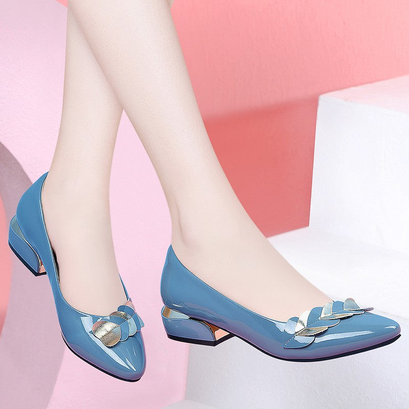 Square-heel Pointed Pump Patent Leather Shoes