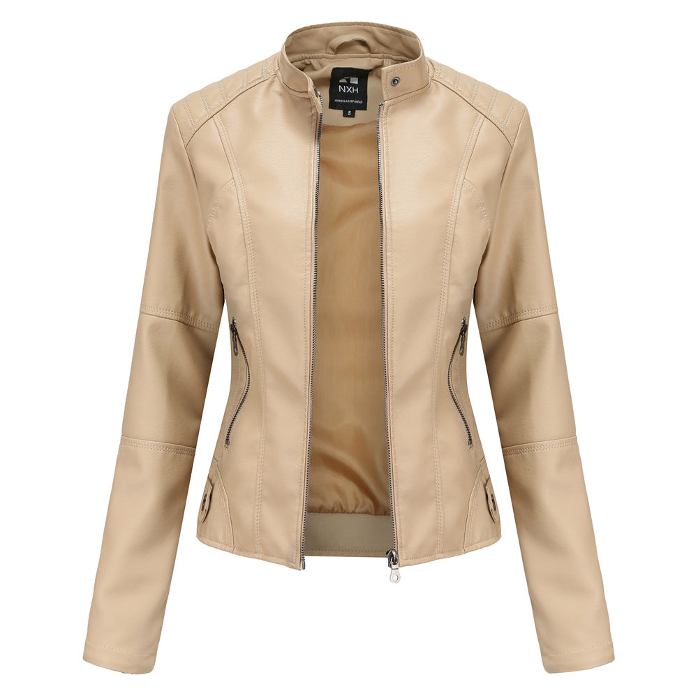 Women's Zip-up Leather Jackets Fashion Solid Color Pockets Stand Collar Top Outwear Clothing