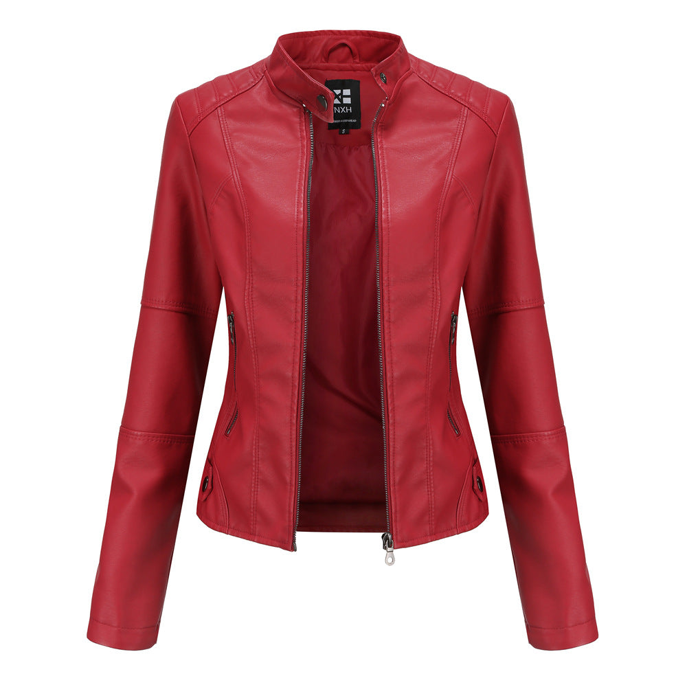 Women's Zip-up Leather Jackets Fashion Solid Color Pockets Stand Collar Top Outwear Clothing