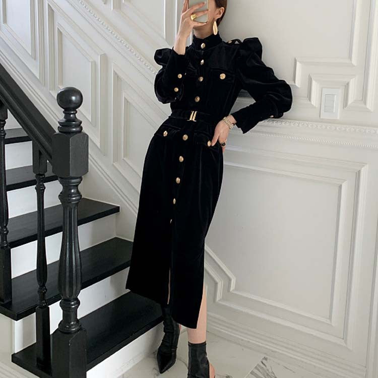 Long Straight Slit Velvet Dress