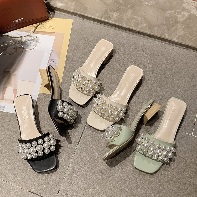Beaded Rhinestone Sandals With Thick Heel Pearl Women's Shoes